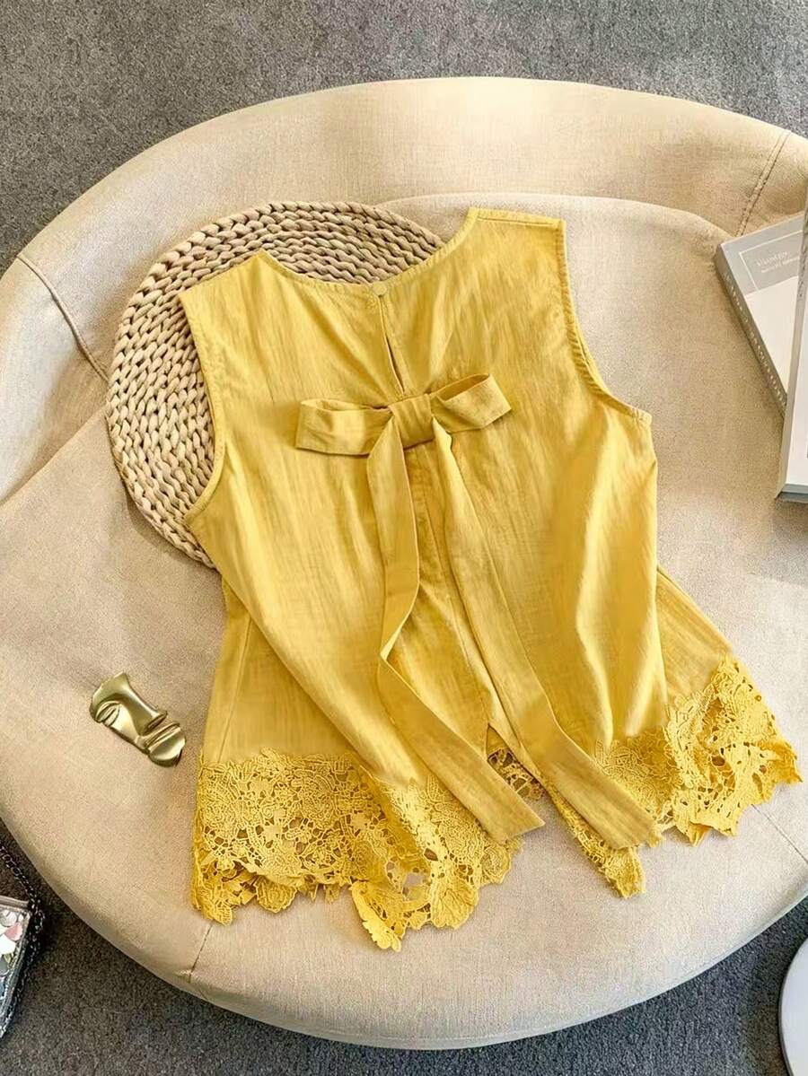 GlowEve Women Back Bow Lace Stitching Sleeveless Blouse, Summer, Leisure, Holiday - Yellow - View 1