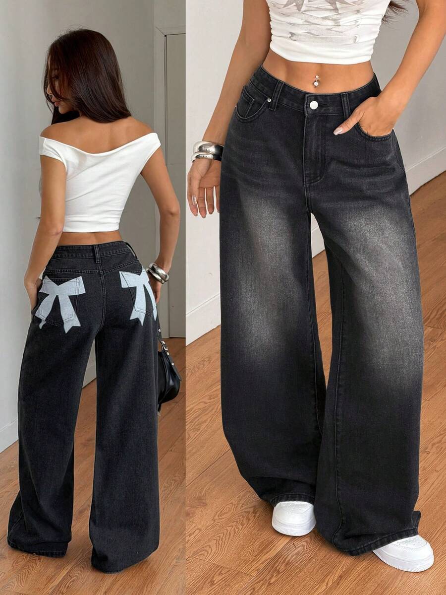 SHEIN Muchic Women's Black Low-Rise Wide-Leg Jeans With Bow Print On The Back , Y2K Casual Style, Music Festival. - Black - View 1