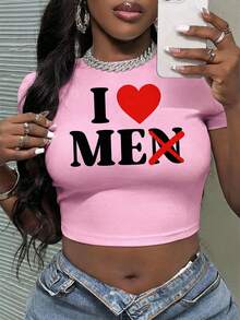 Slaydiva 2026 街头 Y2K 趣味“我爱我自己（男人）”文字印花圆领短袖修身短款女式T恤 - 淺粉色 - 查看 1