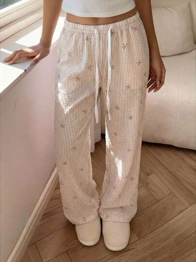Aloruh Elegant Low Waist Sexy Comfortable Long Pants, Bow & Striped Print, Versatile