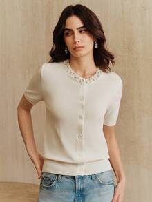 Anewsta Women's Spring/Summer New White Beaded Round Neck Short Sleeve Knit Cardigan - White - View 3