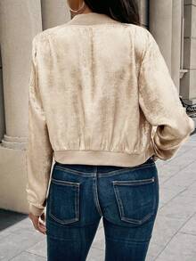 SHEIN LUNE 秋季新款金属金色拉链罗纹袖口棒球夹克，修身剪裁，优雅百搭，短款开衫上衣，适合新年假日派对穿着 - 香檳色 - 查看 2