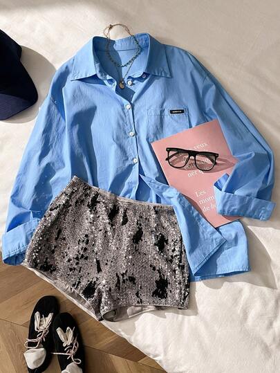 Muvela 2026 Spring/Summer New Gray & Black Velvet Elastic Waist Shiny Sequin Women Shorts, Chic & Elegant For Party, Urban Commute, Workplace, Business Office, Daily Casual, Romantic, 90s Retro, New Year, Holiday, Party Dress, Beach, Graduation, Fashion, Suitable For Wedding Guest, Host, Date, Party, Concert, Stage Performance, Breakfast, Airport, Summer Holiday