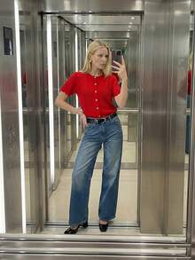 MAIJA休闲绞花针织开襟长袖纽扣开衫 - 紅色 - 查看 1