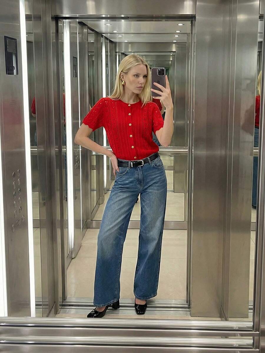 MAIJA休闲绞花针织开襟长袖纽扣开衫 - 紅色 - 查看 1