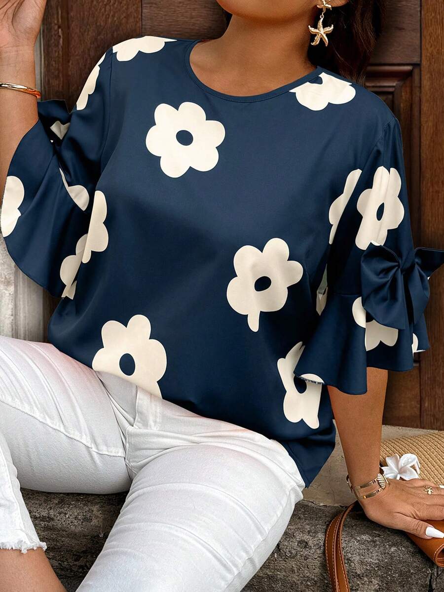 SHEIN LUNE 大码撞色印花圆领短袖衬衫 - 藏蓝色 - 查看 1