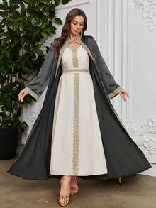 Al Najma Women's Water Soluble Lace Patchwork Dress With Outerwear, Muslim Fashion Abaya For Casual/Festival/Gathering/Travel - Dark Grey - View 3