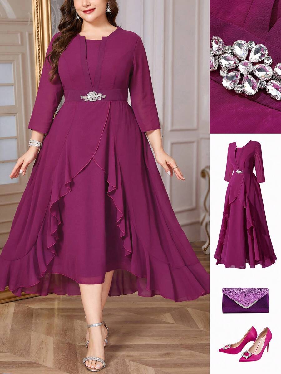 Ellevyn 大码女式优雅水晶装饰收腰连衣裙，秋冬款