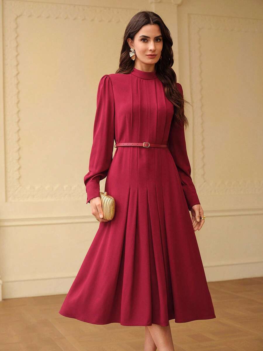 ZEYLAH Women's Pleated Cinched Waist A-Line Dress, Autumn/Winter - Red Violet - View 1