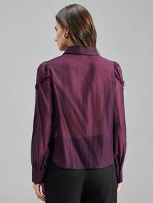 Ontre 2026春夏女士翻领单排扣荷叶边休闲通勤长袖衬衫 - 中紫紅色 - 查看 6