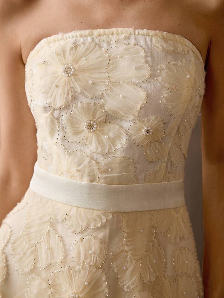 MOTF Soiréza FAUX PEARLS BEADED FLORAL PATTERN MESH OVERLAY TUBE DRESS
