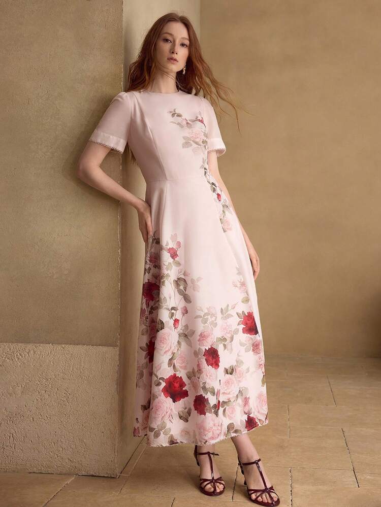 WOMEN'S ROMANTIC ELEGANT POSITIONING PRINT SHORT SLEEVE DRESS, SPRING/SUMMER