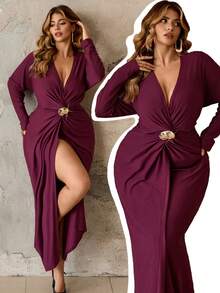 Roveilla 大码女式紫色束腰金属扣奢华长裙，深V领法式优雅修身针织连衣裙，简约低调女式连衣裙，派对性感优雅连衣裙，奢华裹身连衣裙，高开衩长袖优雅连衣裙，派对圣诞红色 - 紫羅蘭色 - 查看 9