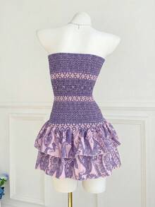 Elamini Đầm ngắn cúp ngực họa tiết Paisley, thích hợp cho kỳ nghỉ thường ngày. - Màu tím  Violet - Xem 2