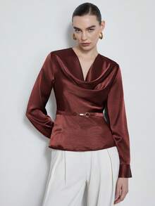 Aveloria Modichic Women's French Ruffled Collar Satin High-End Cinched Waist Shirt - Burgundy - View 3