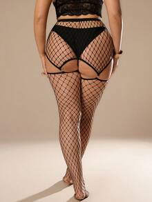 Auralis 1 双大码性感内衣配件，高弹力半透明大码渔网黑色丝袜，开裆渔网连裤袜，大网眼渔网紧身裤，适合外穿、派对、夜总会 - 黑色 - 查看 2
