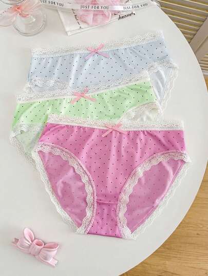 3pcs/Set Cute Polka Dot Lace Bow Decor Girls' Panties Panties For Women 3 Piece Set Panties Set Cute Panties Kawaii Panties Cute Underwear Wedding