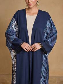 Al Najma Women's Navy Blue Vintage Floral Contrast Lace Trim Long Cardigan Abaya - Multicolor - View 7