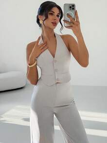 Firerie Women's Elegant Minimalist Fashion Commuter Urban Chic Casual Street Style New V-Neck Button Backless Belt Cropped Vest And High Waist Wide Leg Pants Khaki 2-Piece Set - Khaki - View 5