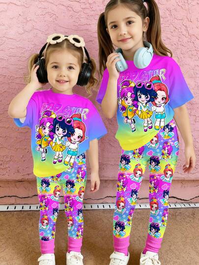 Baby Girl Letter & Cartoon Print Short Sleeve T-Shirt And Pants Casual Outfit, Suitable For Summer Daily Wear