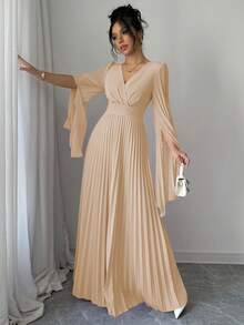 Elenzga V领褶裥开袖优雅浪漫女士连衣裙长款套装 - 卡其色 - 查看 6