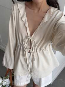 DAZY Women's Solid Color Deep V-Neck Tie Front Lantern Sleeve Long Shirt, Fashionable & Versatile - White - View 5