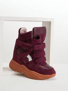 Solezae Fashionable Women's Maranto Balskee Burgundy Faux Suede High Top Hook And Loop Strap Quilted Padded Collar Hidden Wedge Sporty Chic Sneaker Shoe Valentine's Day - Burgundy - View 6