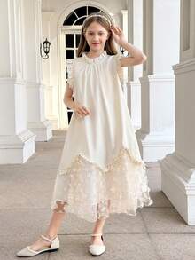 SHEIN Vestido elegante de fiesta y ocasión para niña preadolescente con cuello alto, volantes y parches de malla - Blanco - Ver 6