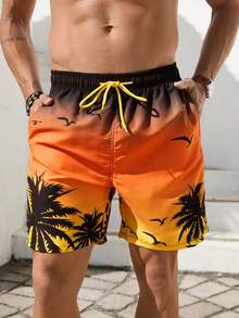 VIVINTIMO Men's Palm Tree Printed Beach Shorts,Hawaiian - Yellow - View 1