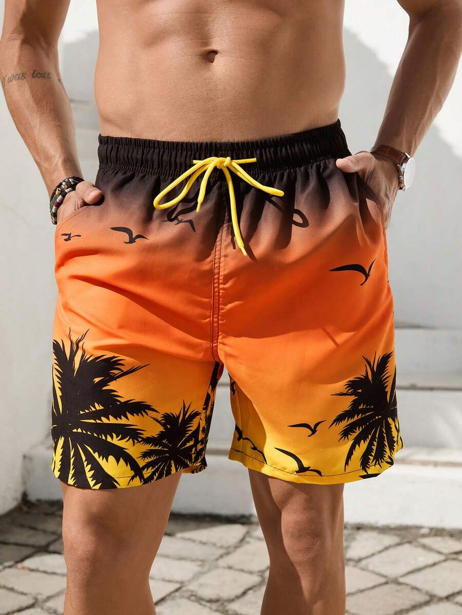 VIVINTIMO Men's Palm Tree Printed Beach Shorts,Hawaiian - Yellow - View 1