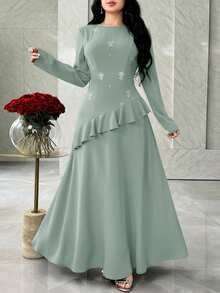 Feyla Vestido elegante de mujer con volantes y adornos de strass, otoño - Verde - Ver 4