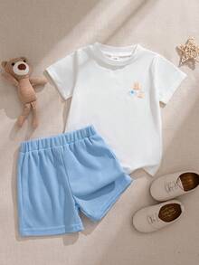 Souflis Souflis 2件套男婴/幼儿可爱卡通熊印花短袖上衣和纯色纹理短裤套装，适合春夏外出和日常穿着 - 彩色 - 查看 3