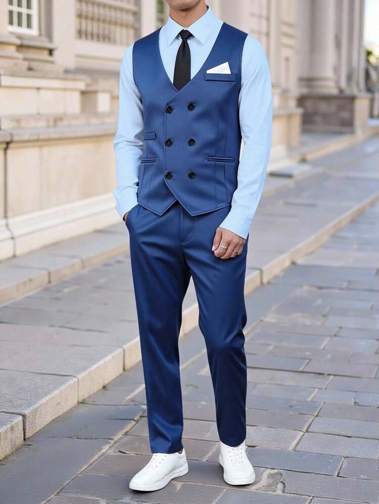 2pcs/Set Teen Boy Gentleman Outfit,Slim-Fit Contrast Color Vest And Blue Dress Pants,Elegant Formal Suit For Birthday,Wedding Guest,Pageboy,Ring Boy
