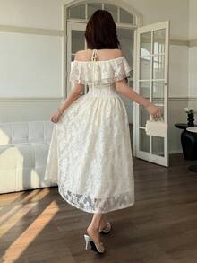 Feyla 女士露肩荷叶边蕾丝吊带中长连衣裙，优雅 - 杏色 - 查看 7