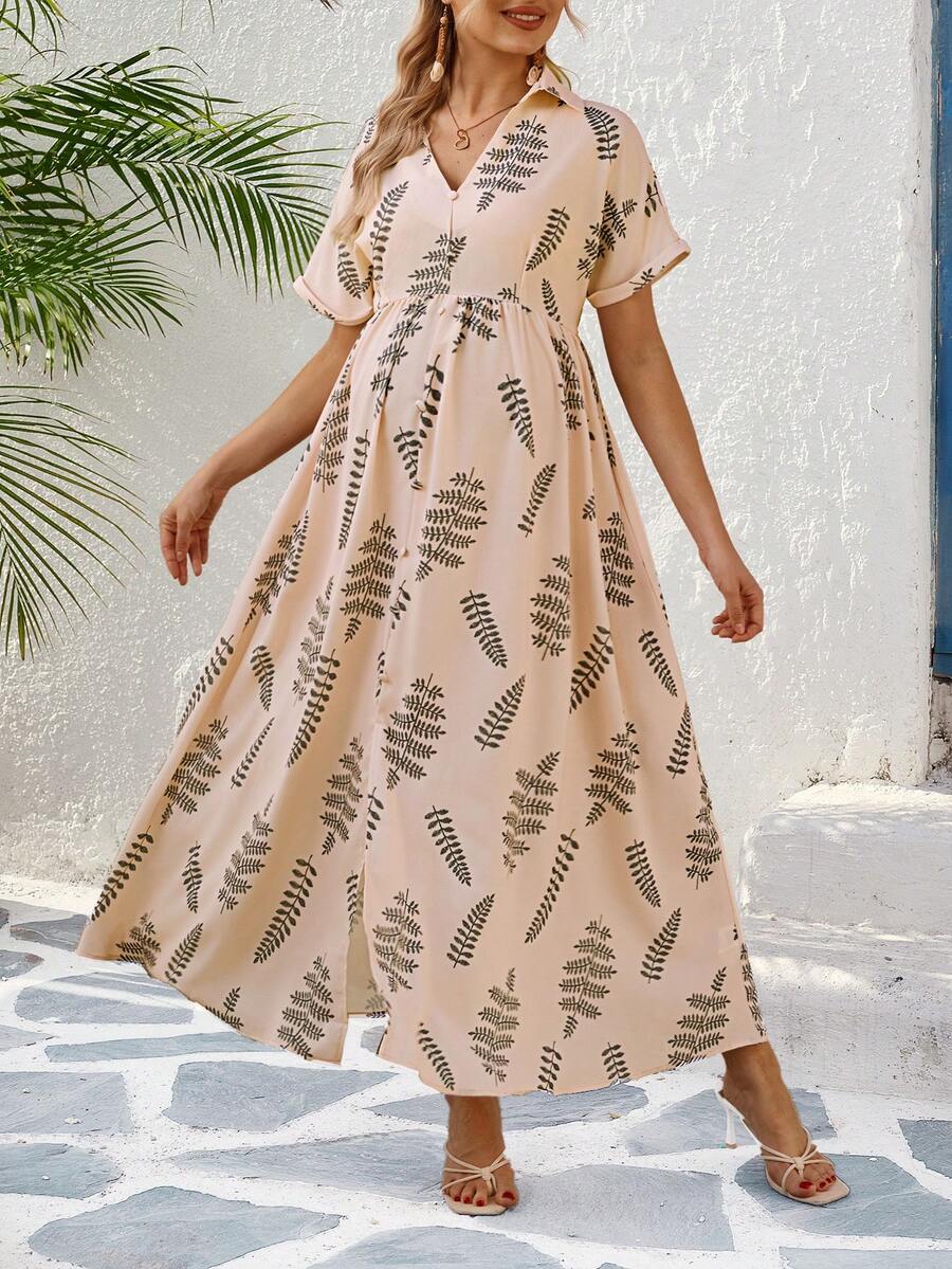 SHEIN Maternity Fashion Floral Print Collared Dress - Apricot - View 1