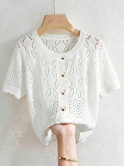 SHEIN Franclia New Summer European & American Style Beach Vacation Hollow Tree Leaf Floral Scallop Trim Casual Outdoor Sexy Cardigan, Versatile Design, Korean Soft Daily, French Vacation, Light Mature Commute, Sweet & Cool Mix, Women Cardigans Casual Tops For Women Elegant Blouses For Women New Elegant Knit Cotton Summer Tops Summer Tops For Women Elegant French Style Blouse Wool Cardigan For Women Womens White Top Woolen Tops Womens Tops And Blouses Wool Jersey For Women