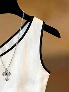 Franclia Women's Lingerie, Women's Vest, White One-Shoulder Top With Black Trim, Summer Vest, Summer Top, Cute For Beach Vacations, From Spring To Summer, Summer, Summer Outfits, Summer Holiday Outfits, Summer Tops, Beach, Women's Beach Outfits, Women's Beach Clothing, Women's Elegant Outfits, Women's Elegant Shirts, Women's Elegant Tops, Women's Casual Tops, White Women's Shirts, White Shirts, White Tops - White - View 4