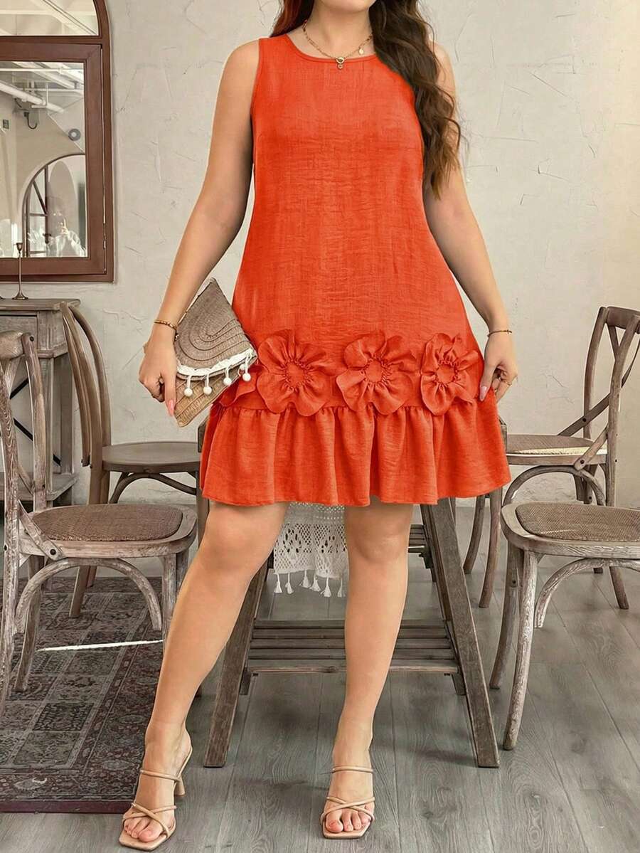 SHEIN LUNE Plus Size Floral Sleeveless Ruffle Hem Straight Dress - Orange - View 1