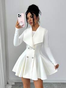 SHEIN Elenzya Women's Lapel Double-Breasted Cinched Waist A-Line Elegant Sleeveless Overcoat, Suitable For Daily Commute - Apricot - View 3