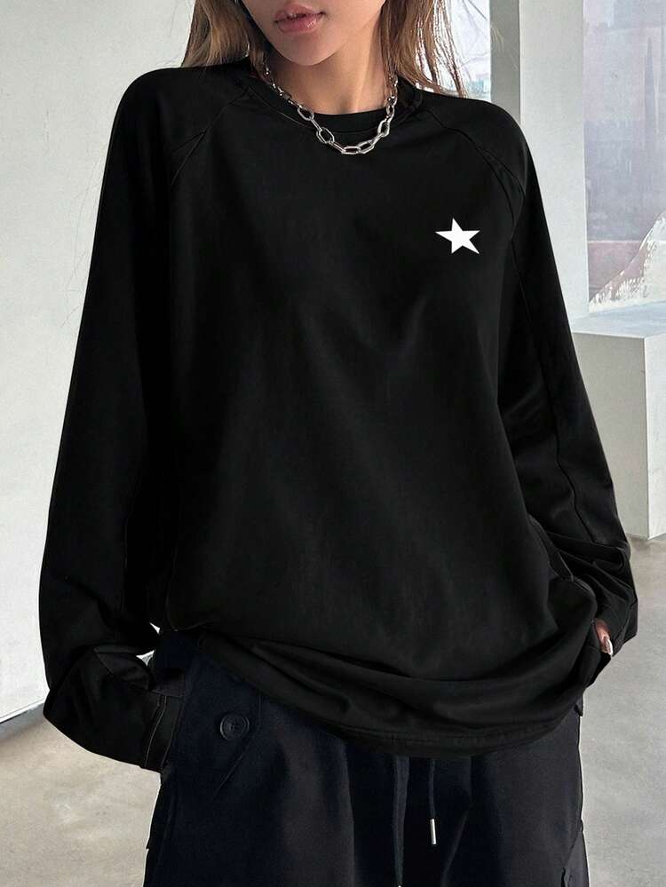 Spring Star Print Casual Loose Raglan Sleeve T-Shirt Y2k,Fall Clothes Long Sleeve Women Tops