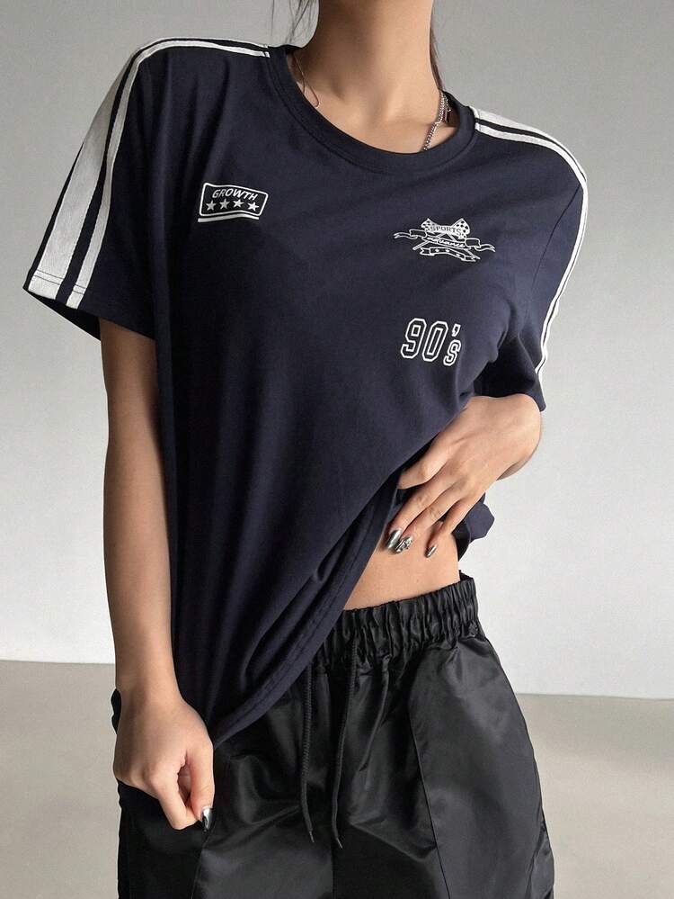 Motorcycle Style Print Colorblock Striped Detail Short Sleeve T-Shirt,Fall Clothes Preppy Tops