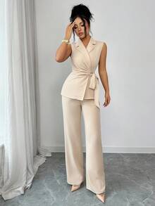 Selianne Elegant Romantic Vacation & Office Bow Tie Blazer Suit Set For Women - Apricot - View 3