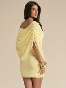 SHEIN BAE 1 chiếc đầm mini nữ màu vàng/kem trơn, kiểu dáng trễ vai, xếp ly, ôm sát, thanh lịch, đầm xếp nếp. - Vàng nhạt - Xem 7