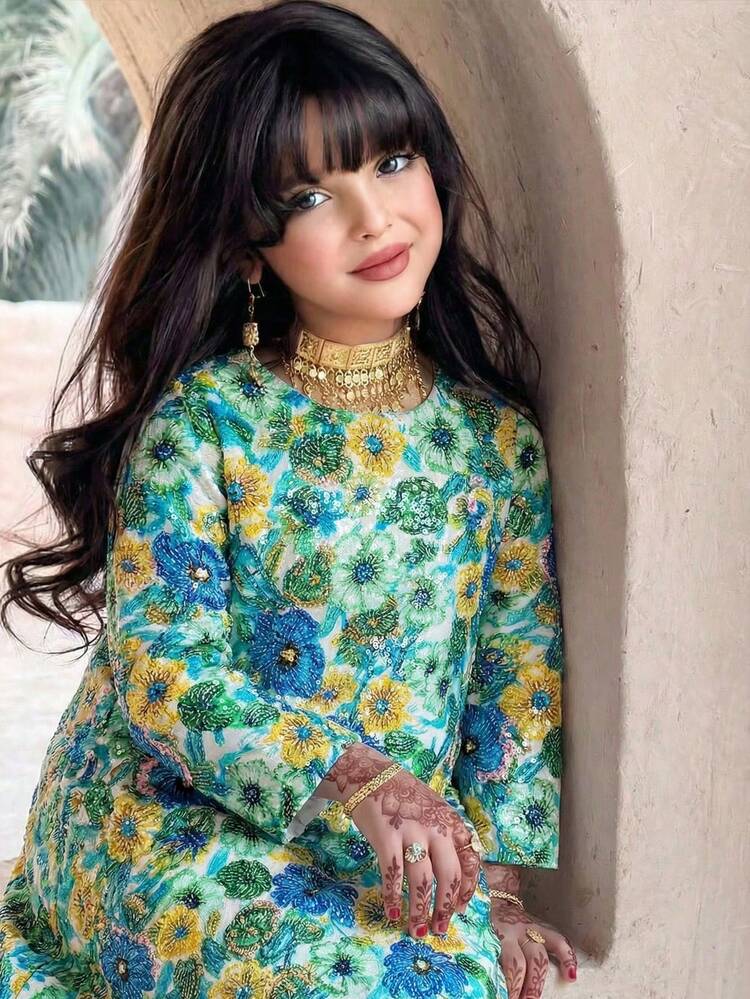 SHEIN جلابياتjalabiya Tween Girl Elegant Ditsy Floral Woven Dress,Kids - Green - View 1