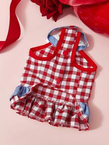 PETSIN Red & White Gingham Pet Dress With 'Heart Patch - Bow Collar & Ruffled Hem Dog Outfit, Cute Casual Summer Dress For Small Dogs & Cats - pink and blue - View 8