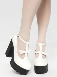 ROMWE Kawaii Women's Sexy Party Nightclub Platform Chunky Heel Shoes, Spring And Autumn Fashionable Closed-Toe T-Strap Metal Adjustable Buckle Ankle Strap Comfortable High-Heeled Mary Jane Shoes. Valentine's Day - White - View 1