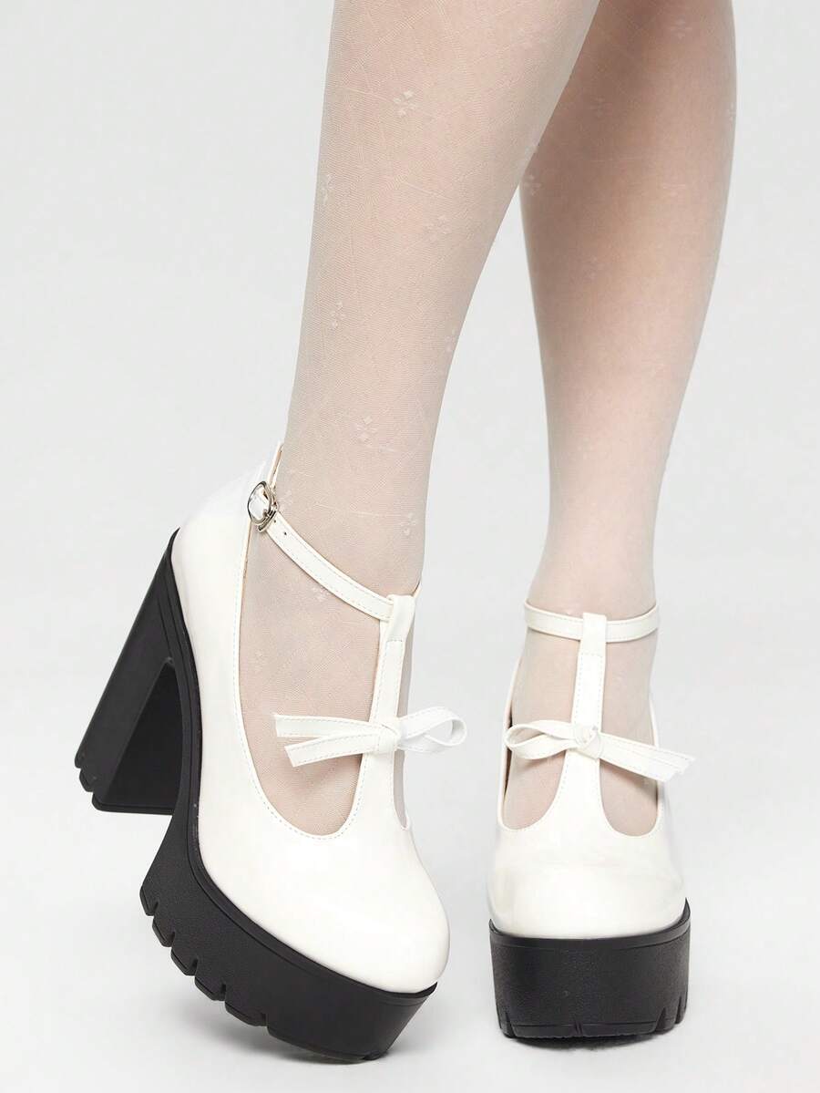 ROMWE Kawaii Women's Sexy Party Nightclub Platform Chunky Heel Shoes, Spring And Autumn Fashionable Closed-Toe T-Strap Metal Adjustable Buckle Ankle Strap Comfortable High-Heeled Mary Jane Shoes. Valentine's Day - White - View 1
