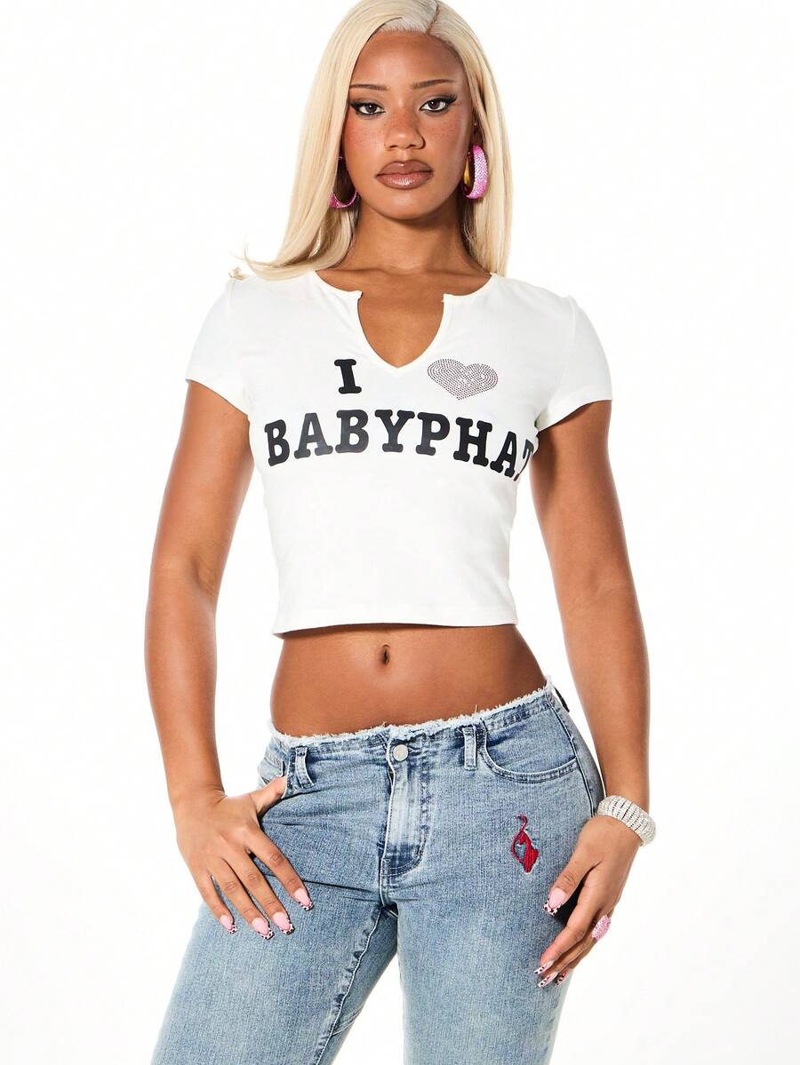 BABYPHAT 情人节款V领婴儿T恤，饰有心形Logo和水钻，短袖纯棉上衣 - 白色 - 查看 1