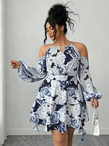 SHEIN Elenzya 大码女式露肩印花钥匙孔领灯笼袖连衣裙 - 彩色 - 查看 5