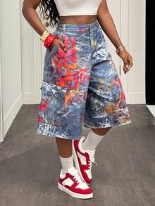 Slaydiva 女士字母印花高腰工装口袋休闲牛仔百慕大短裤 - 軍綠色 - 查看 5